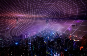 Cityscape at night with urban lighting and white spiral gridDark City 