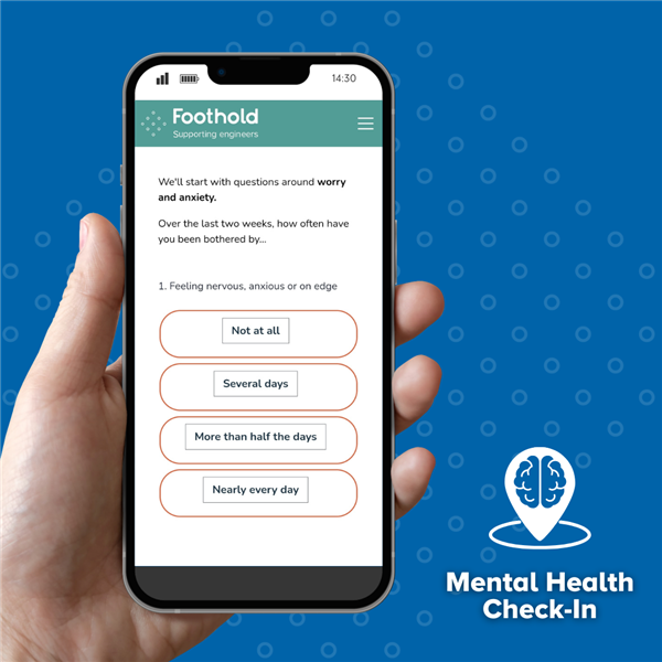 A hand holding a phone which has the Mental Health Check-In tool on screen.