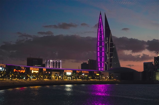 Towers, lit up in twighlight