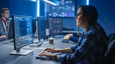 A person sitting at a desk with several computer screens