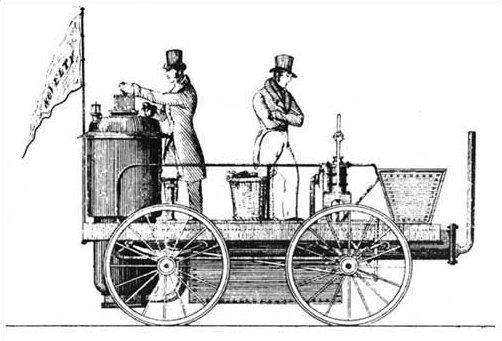 Old fashioned locomotive with two men standing