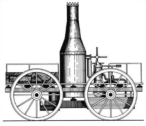 Drawing of an old fashioned locomotive with an upright steam engine