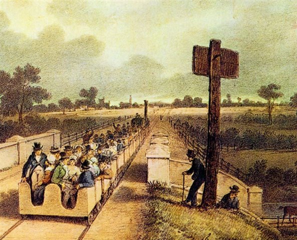 Painting of a train on a railway line