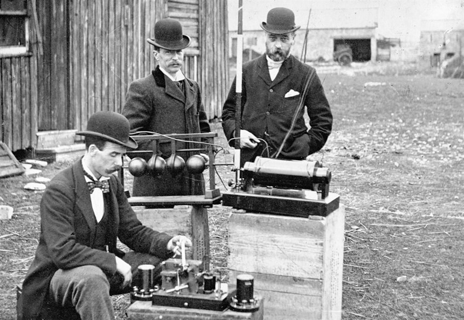 British Post Office engineers at the world's first demonstration of the transmission of radio signals over open sea, 1897.